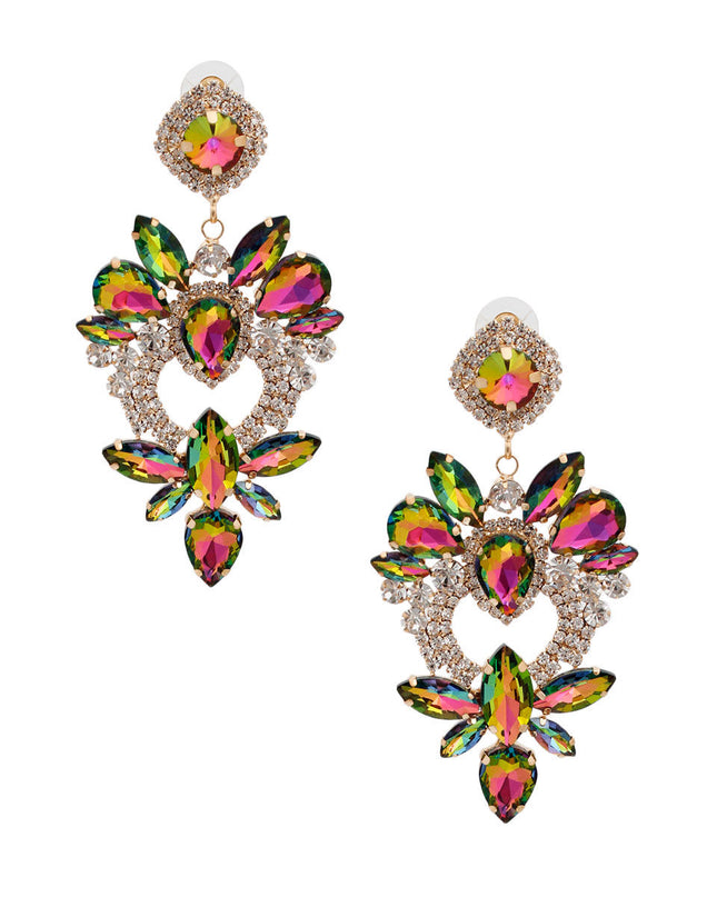Pink Green Glass Crystal Heart Earrings