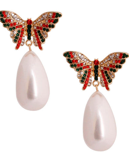 Red and Green Butterfly Pearl Earrings
