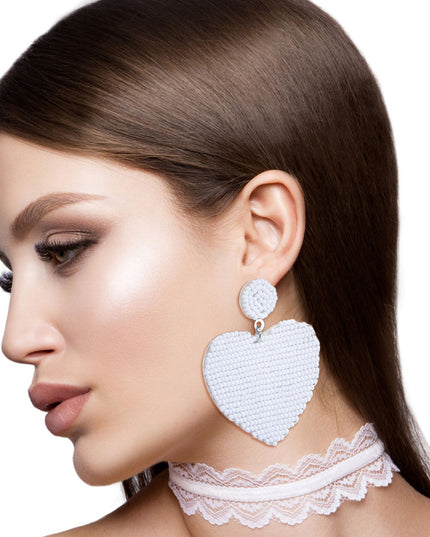 White Seed Bead Heart Earrings