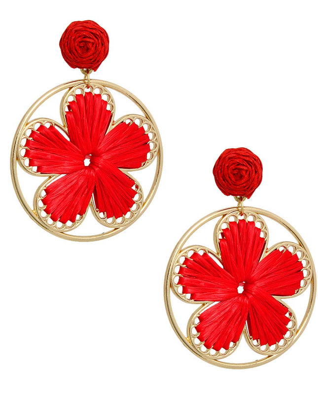 Red Raffia Flower Round Earrings