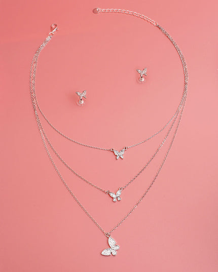 Silver Triple Chain Butterfly Necklace