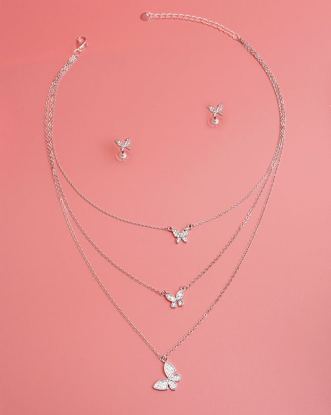 Silver Triple Chain Butterfly Necklace