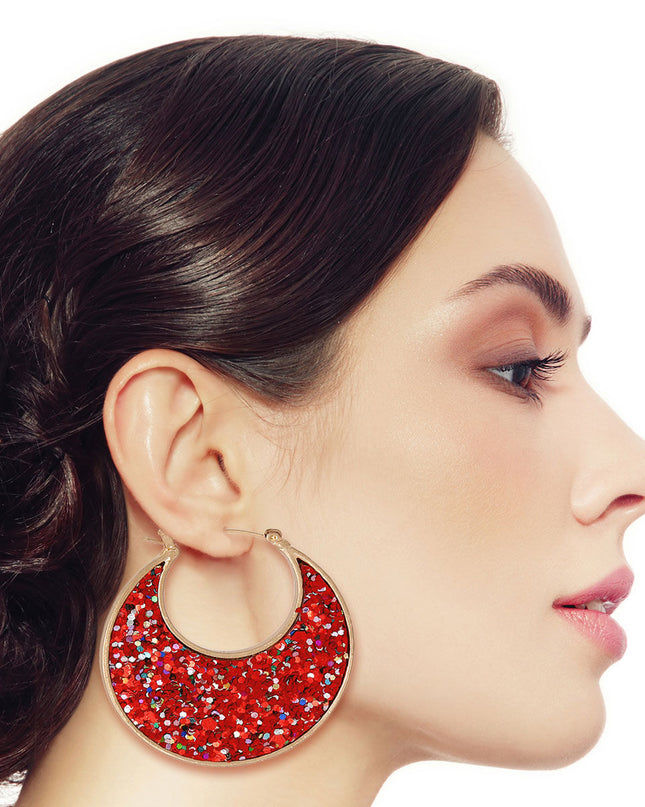 Red Glitter Crescent Hoops