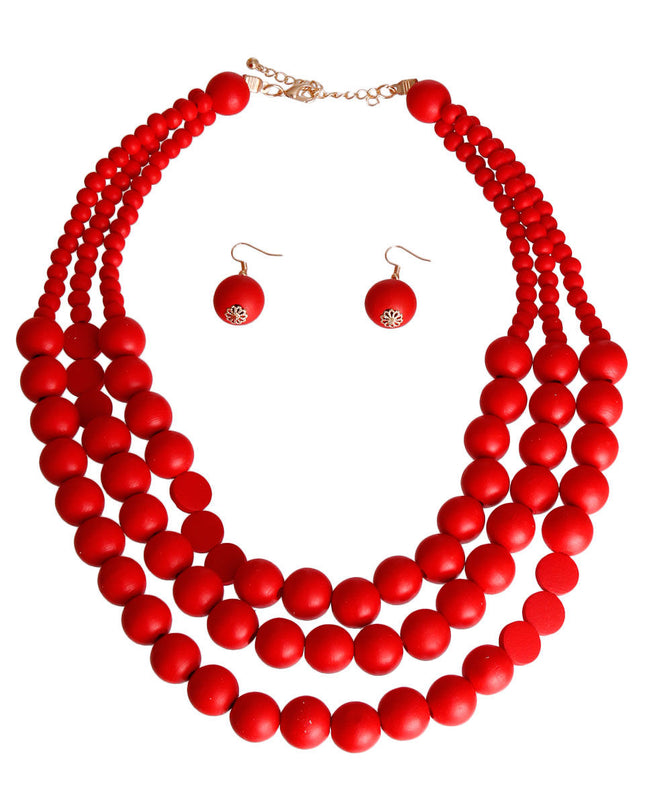 Red Round Wood Bead 3 Strand Necklace