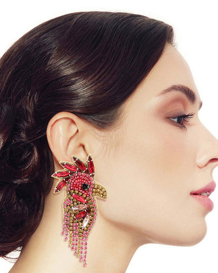 Pink Rhinestone and Bead Macaw Earrings