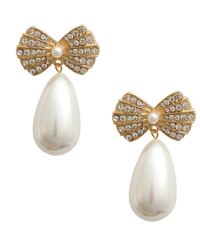 Gold Bow Pearl Teardrop Earrings