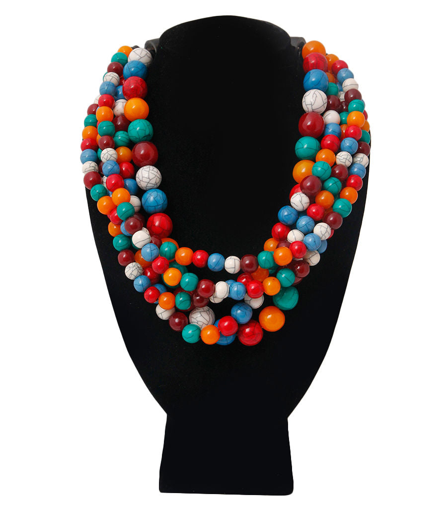 Layered Cracked Multi Color Ball Bead Multi Strand Necklace Featuring Natural Buffalo Horn Hook Closure. Handcrafted. Fair Trade. Exclusive.