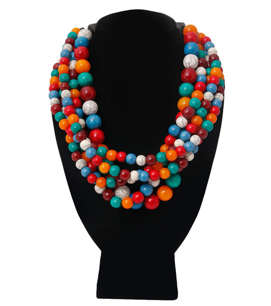 Layered Cracked Multi Color Ball Bead Multi Strand Necklace Featuring Natural Buffalo Horn Hook Closure. Handcrafted. Fair Trade. Exclusive.