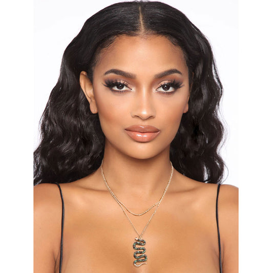 Designer Style Gold Metal Chain Double Layer Necklace Featuring Striped Green Rhinestone Snake Pendant. Pendant measures 1.75 inches long.