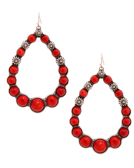 Engraved Burnished Silver Metal and Cracked Dark Coral Bead Teardrop Western Drop Earrings. Earrings measure 1.85 inches wide.