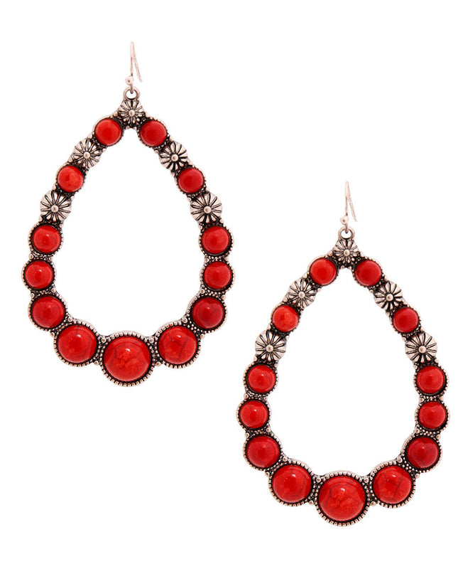 Engraved Burnished Silver Metal and Cracked Dark Coral Bead Teardrop Western Drop Earrings. Earrings measure 1.85 inches wide.