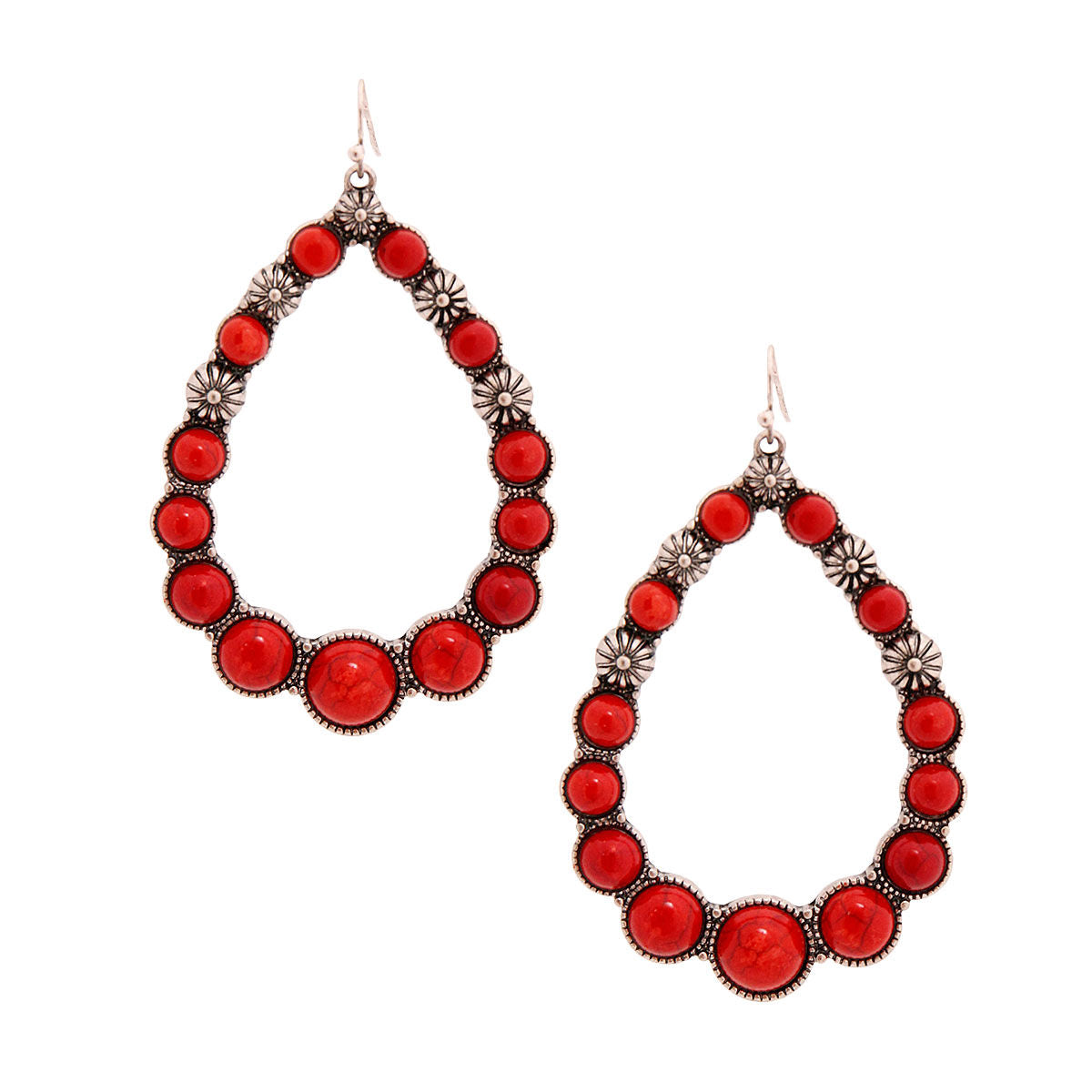 Engraved Burnished Silver Metal and Cracked Dark Coral Bead Teardrop Western Drop Earrings. Earrings measure 1.85 inches wide.