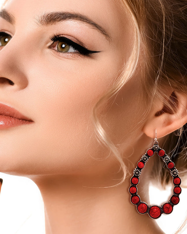 Engraved Burnished Silver Metal and Cracked Dark Coral Bead Teardrop Western Drop Earrings. Earrings measure 1.85 inches wide