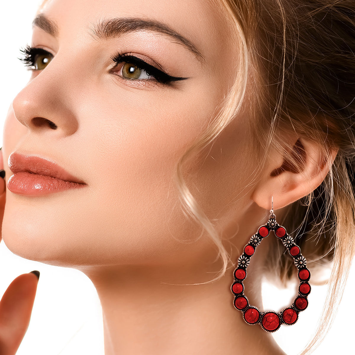 Engraved Burnished Silver Metal and Cracked Dark Coral Bead Teardrop Western Drop Earrings. Earrings measure 1.85 inches wide