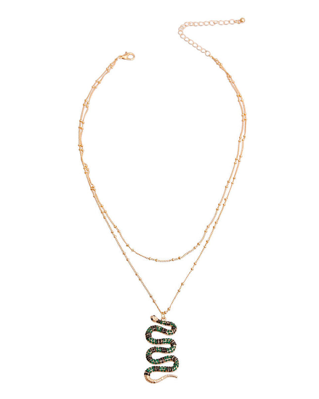 Designer Style Gold Metal Chain Double Layer Necklace Featuring Striped Green Rhinestone Snake Pendant. Pendant measures 1.75 inches long.