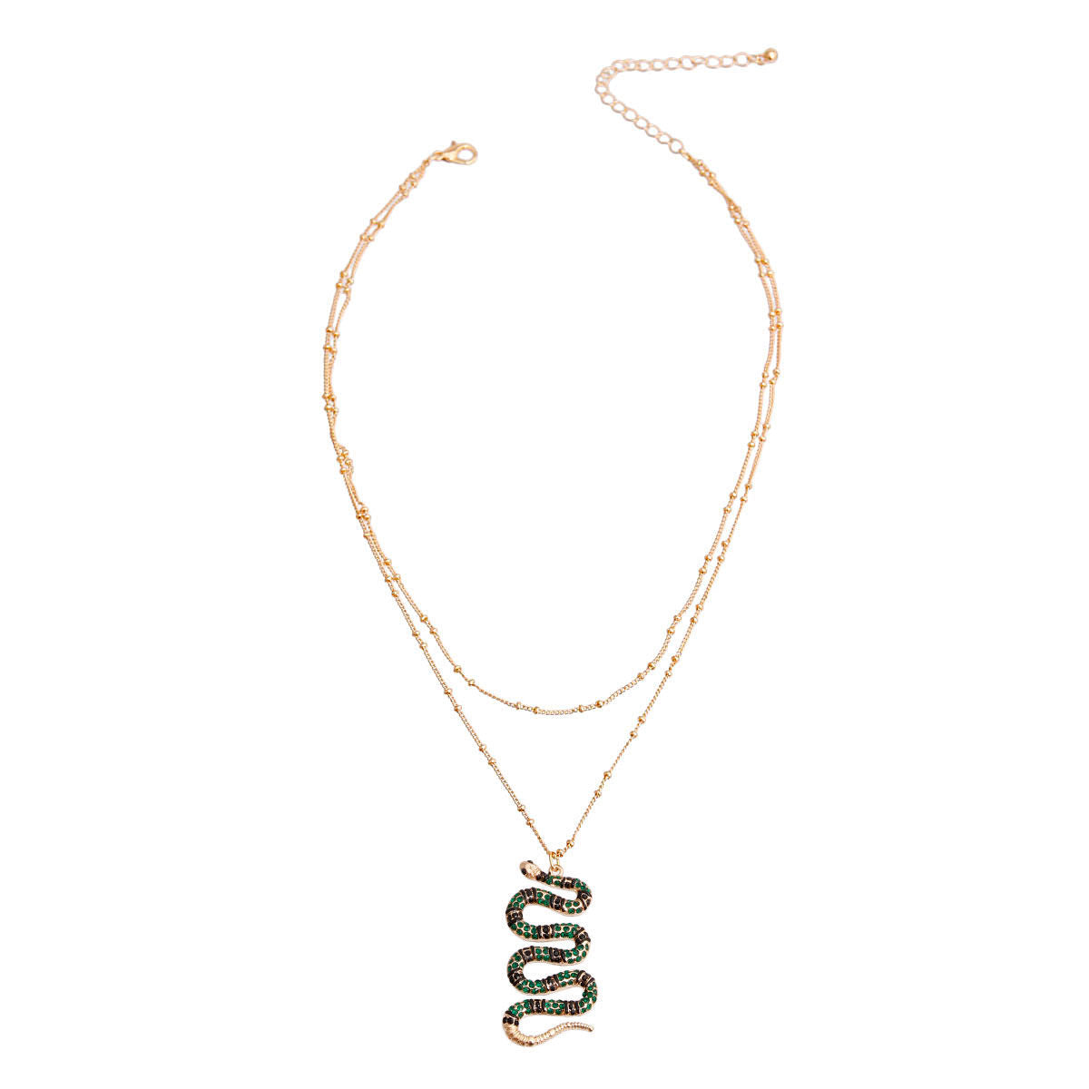 Designer Style Gold Metal Chain Double Layer Necklace Featuring Striped Green Rhinestone Snake Pendant. Pendant measures 1.75 inches long.