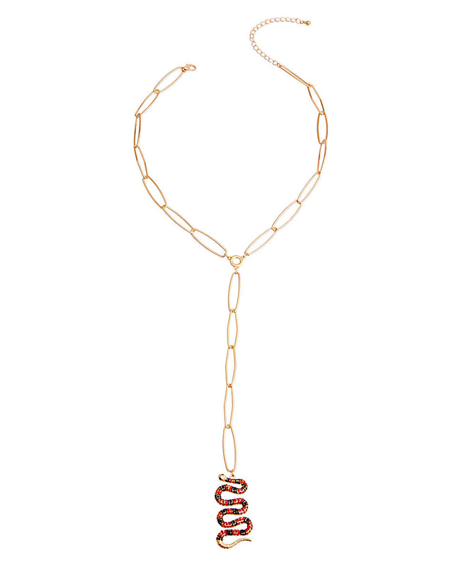 Designer Style Gold Metal Long Link Y Necklace Featuring Striped Red Rhinestone Snake Pendant. Snake measures 1.75 inches. Full Drop measures 6.75 inches long.