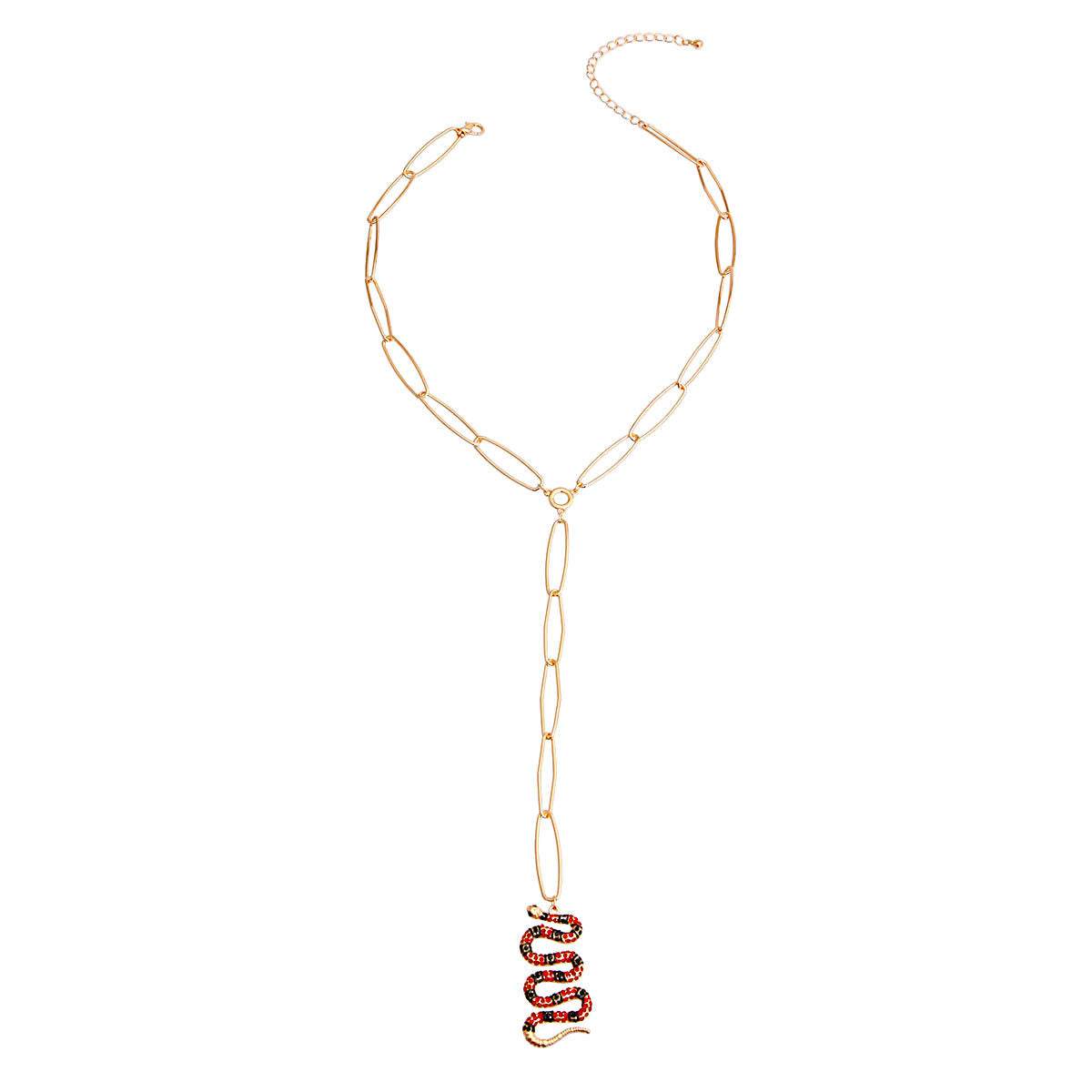 Designer Style Gold Metal Long Link Y Necklace Featuring Striped Red Rhinestone Snake Pendant. Snake measures 1.75 inches. Full Drop measures 6.75 inches long.