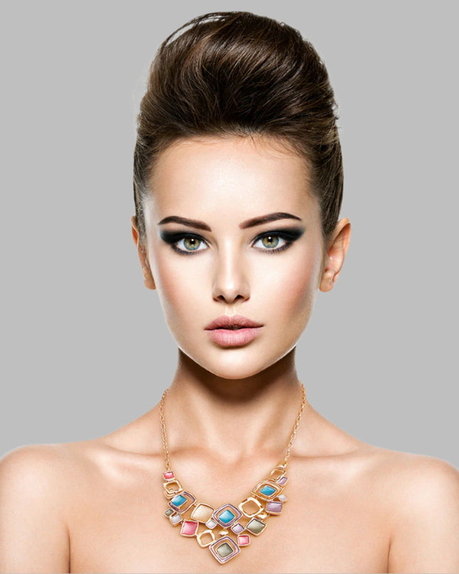 Gold Metal Chain Necklace Set Featuring Gold and Multi Color Metal Square Design with Cut out and Texture Detail. 2.25 inches long