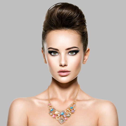 Gold Metal Chain Necklace Set Featuring Gold and Multi Color Metal Square Design with Cut out and Texture Detail. 2.25 inches long