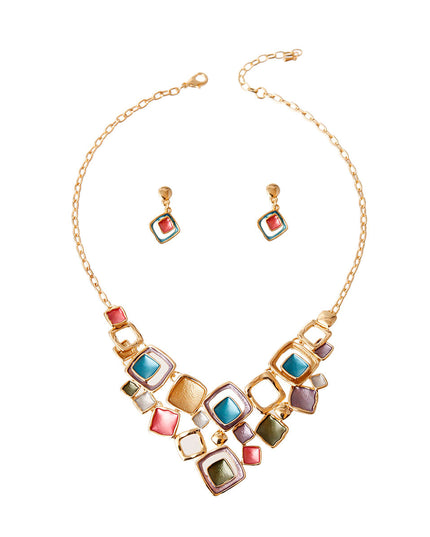Gold Metal Chain Necklace Set Featuring Gold and Multi Color Metal Square Design with Cut out and Texture Detail. 2.25 inches long