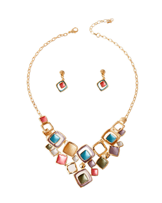 Gold Metal Chain Necklace Set Featuring Gold and Multi Color Metal Square Design with Cut out and Texture Detail. 2.25 inches long