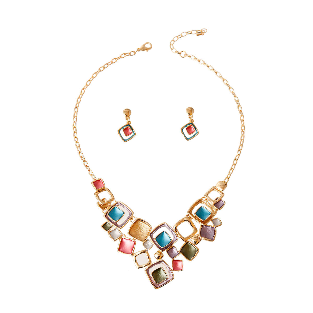 Gold Metal Chain Necklace Set Featuring Gold and Multi Color Metal Square Design with Cut out and Texture Detail. 2.25 inches long