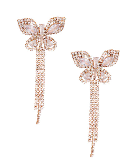 Gold Metal Butterfly Stud Earrings Featuring Rhinestone and Drop Fringe Detailing. Earrings measure 1.25 inches wide
