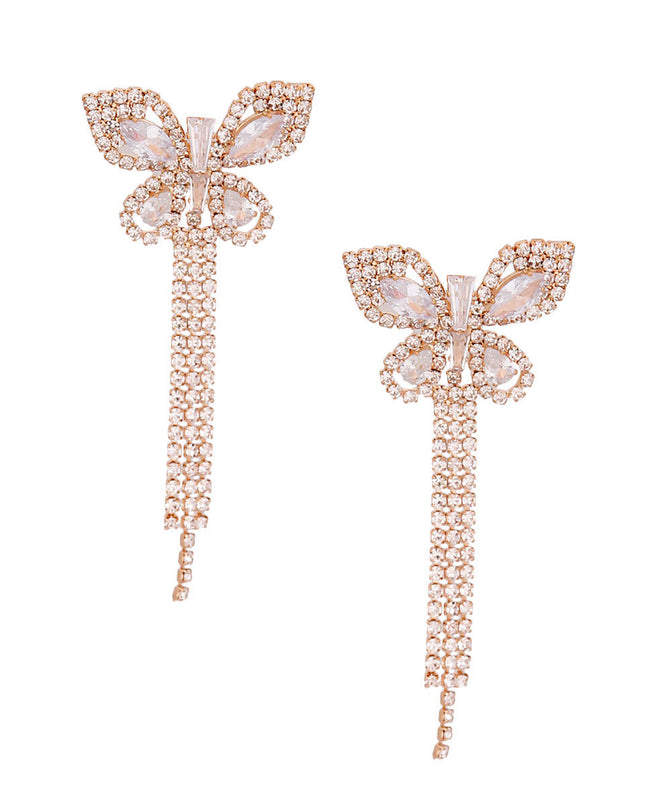 Gold Metal Butterfly Stud Earrings Featuring Rhinestone and Drop Fringe Detailing. Earrings measure 1.25 inches wide