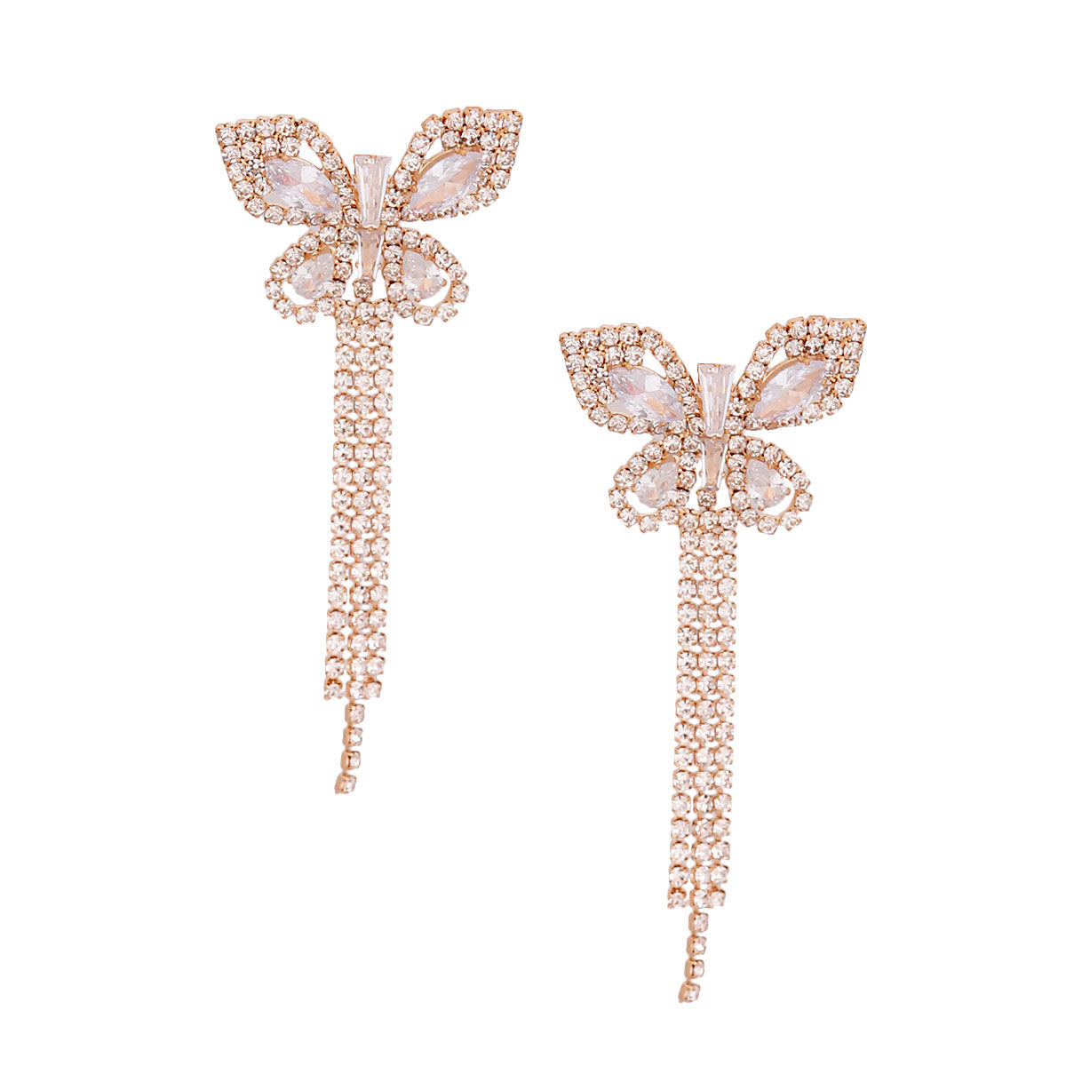 Gold Metal Butterfly Stud Earrings Featuring Rhinestone and Drop Fringe Detailing. Earrings measure 1.25 inches wide