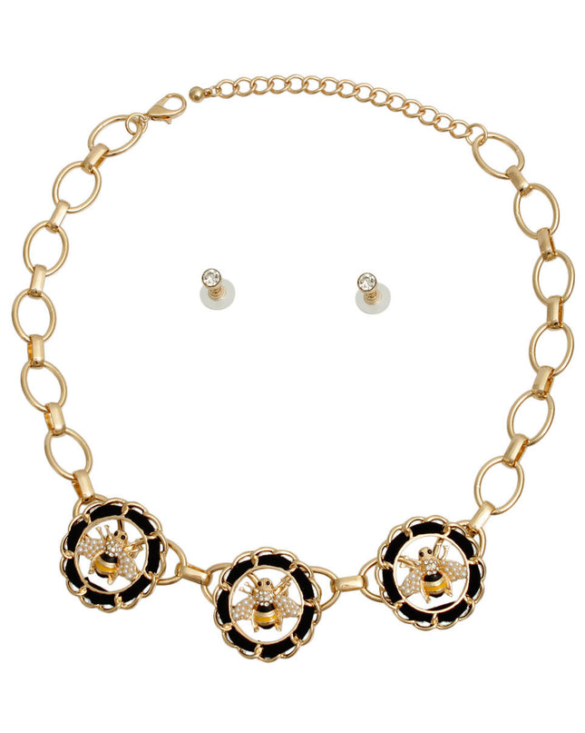 Chunky Gold Metal Cable Chain Necklace Set Featuring Round Black Woven Details Featuring Designer Inspired Yellow Striped Bee with Pearl and Rhinestone Detailing. Round Details measure 1.25 inches each.