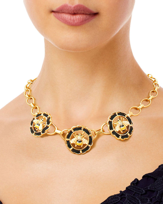 Chunky Gold Metal Cable Chain Necklace Set Featuring Round Black Woven Details Featuring Designer Inspired Yellow Striped Bee with Pearl and Rhinestone Detailing. Round Details measure 1.25 inches each.