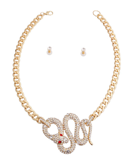 Gold Metal Chain Necklace Set Featuring Rhinestone Cobra Pendant. Pendant measures 3.15 inches wide.