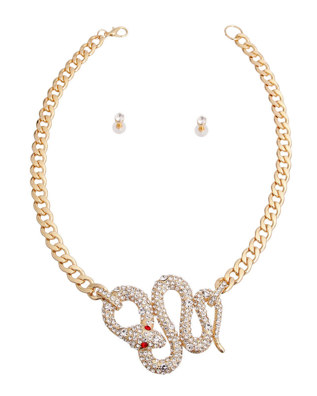 Gold Metal Chain Necklace Set Featuring Rhinestone Cobra Pendant. Pendant measures 3.15 inches wide.