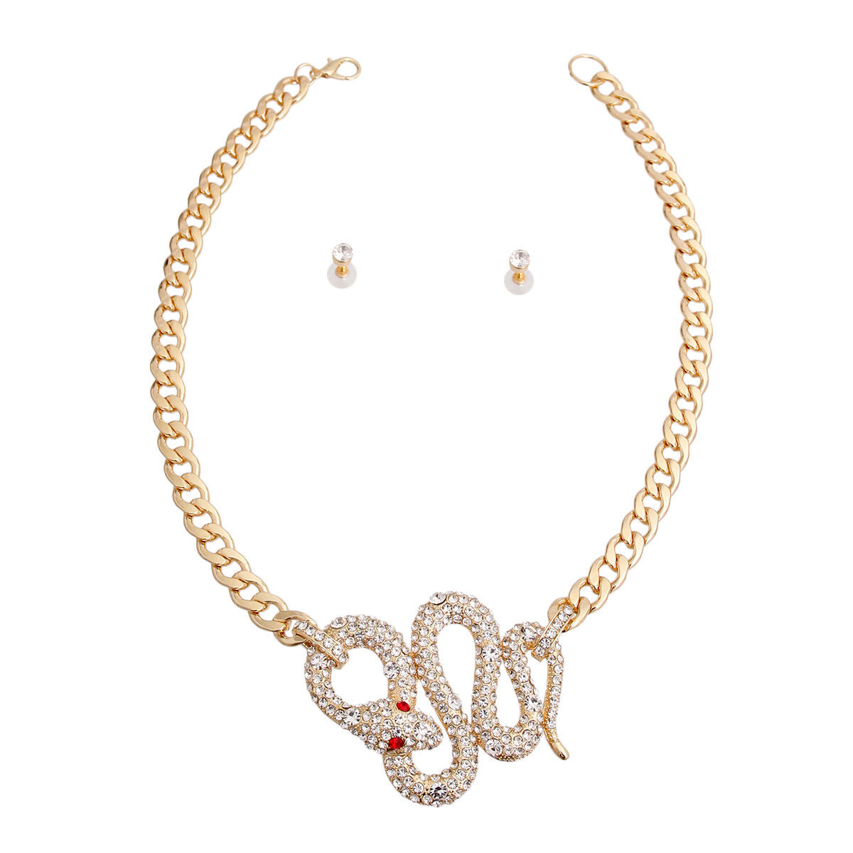 Gold Metal Chain Necklace Set Featuring Rhinestone Cobra Pendant. Pendant measures 3.15 inches wide.