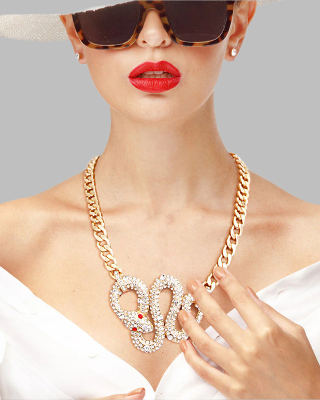 Gold Metal Chain Necklace Set Featuring Rhinestone Cobra Pendant. Pendant measures 3.15 inches wide.