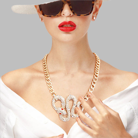 Gold Metal Chain Necklace Set Featuring Rhinestone Cobra Pendant. Pendant measures 3.15 inches wide.