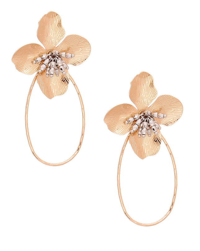 Gold Metal Flower Stud Earrings Featuring Metal Teardrop Hoop Detail. Earrings measure 1.65 inches wide