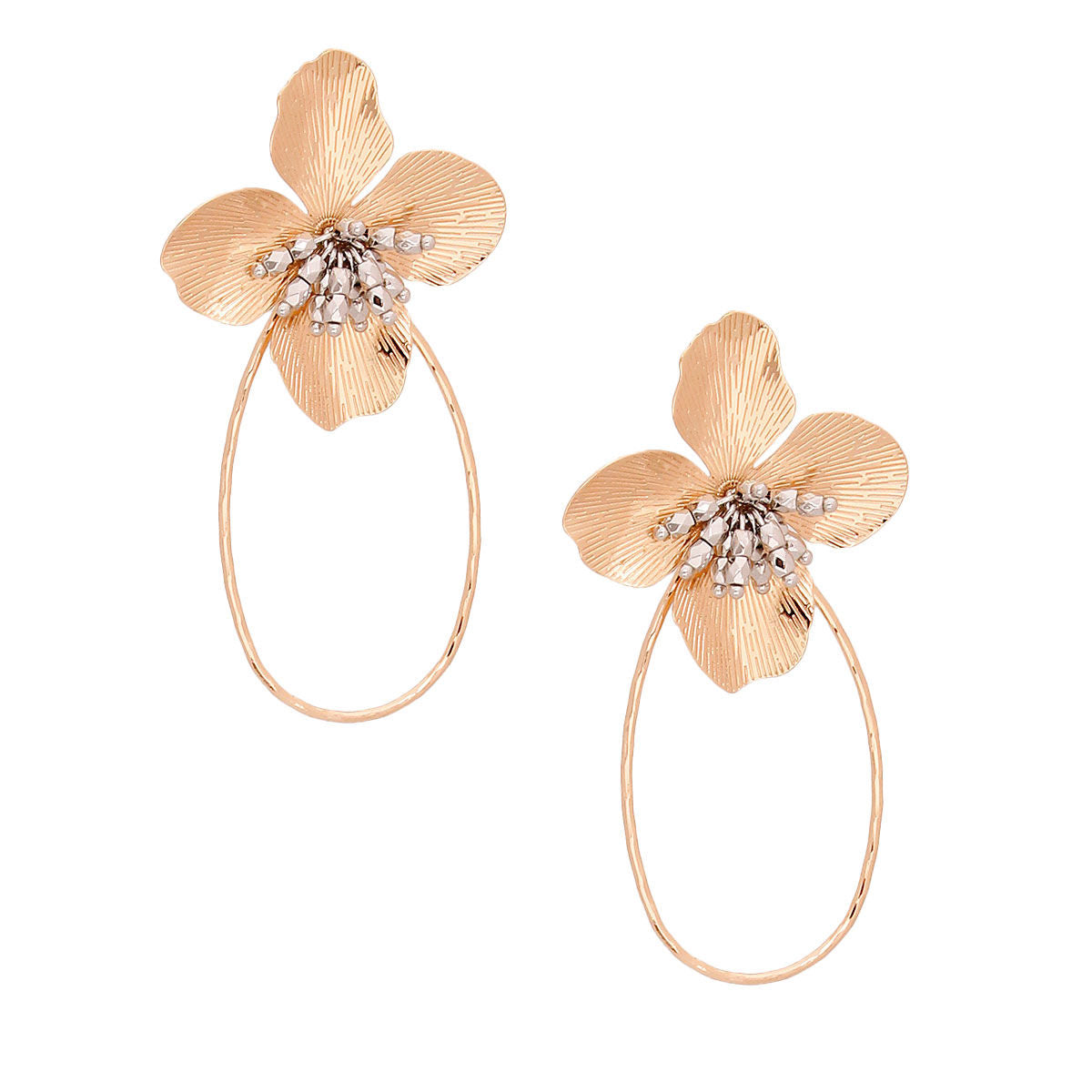 Gold Metal Flower Stud Earrings Featuring Metal Teardrop Hoop Detail. Earrings measure 1.65 inches wide
