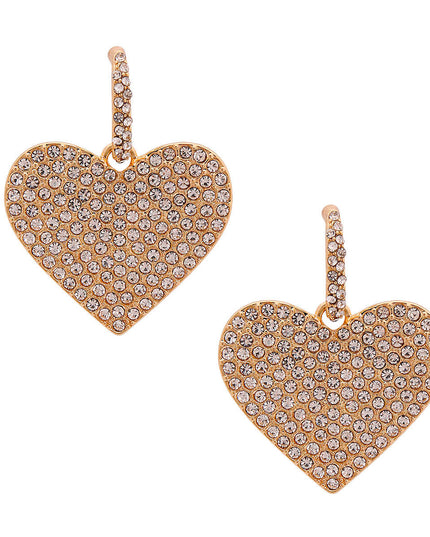Gold Metal and Clear Crystal Rhinestone Huggies Hoop Earrings Featuring Heart Detail. Earrings measure 1.5 inches wide.