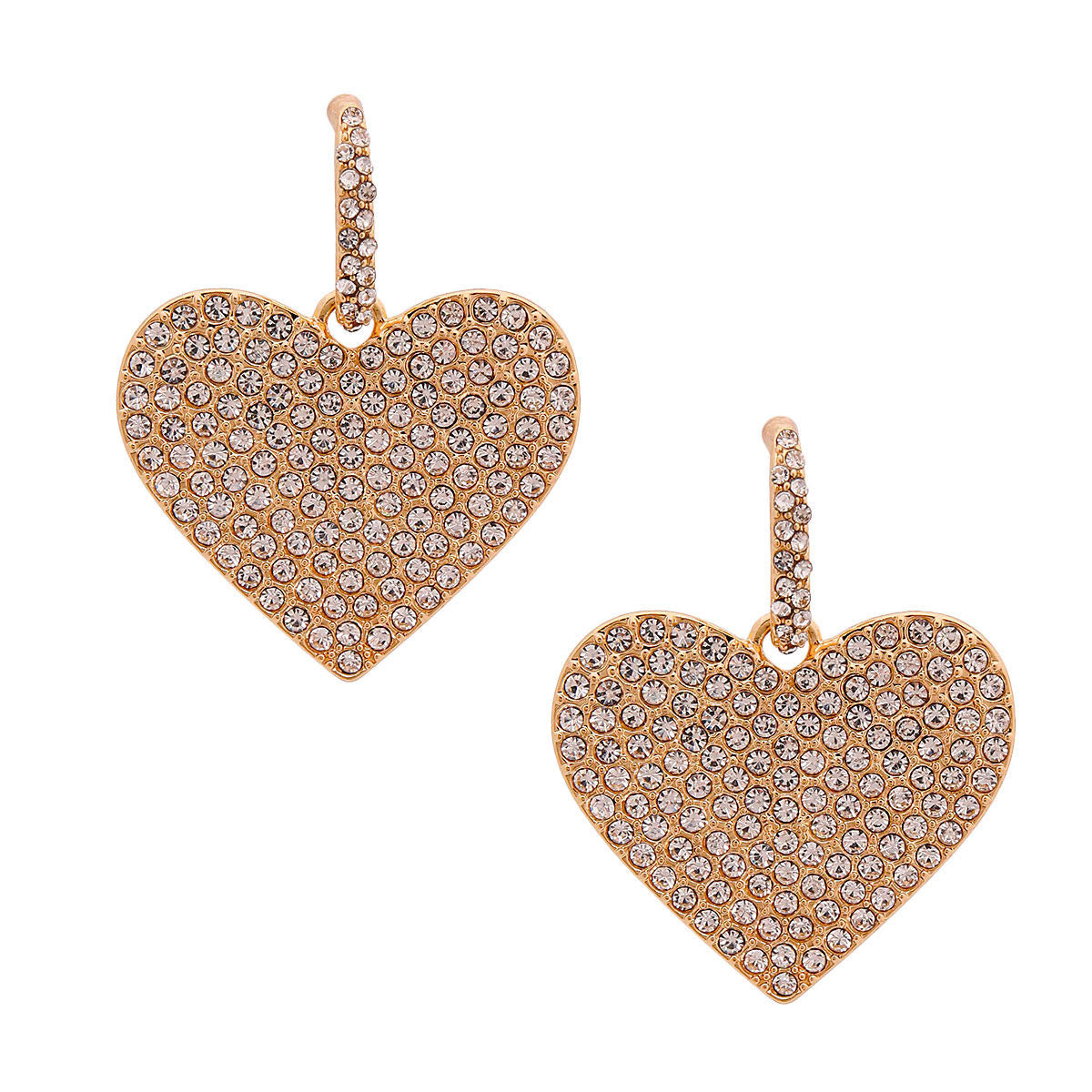 Gold Metal and Clear Crystal Rhinestone Huggies Hoop Earrings Featuring Heart Detail. Earrings measure 1.5 inches wide.