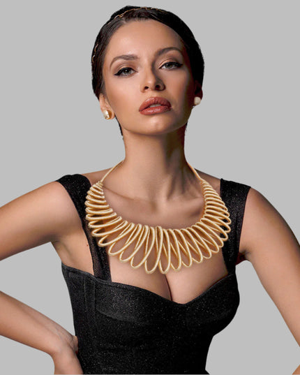 Gold Metallic Rope Cord Necklace Set Featuring Graduated Loop Collar Bib Detail. Necklace measures 3 inches wide