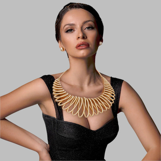 Gold Metallic Rope Cord Necklace Set Featuring Graduated Loop Collar Bib Detail. Necklace measures 3 inches wide