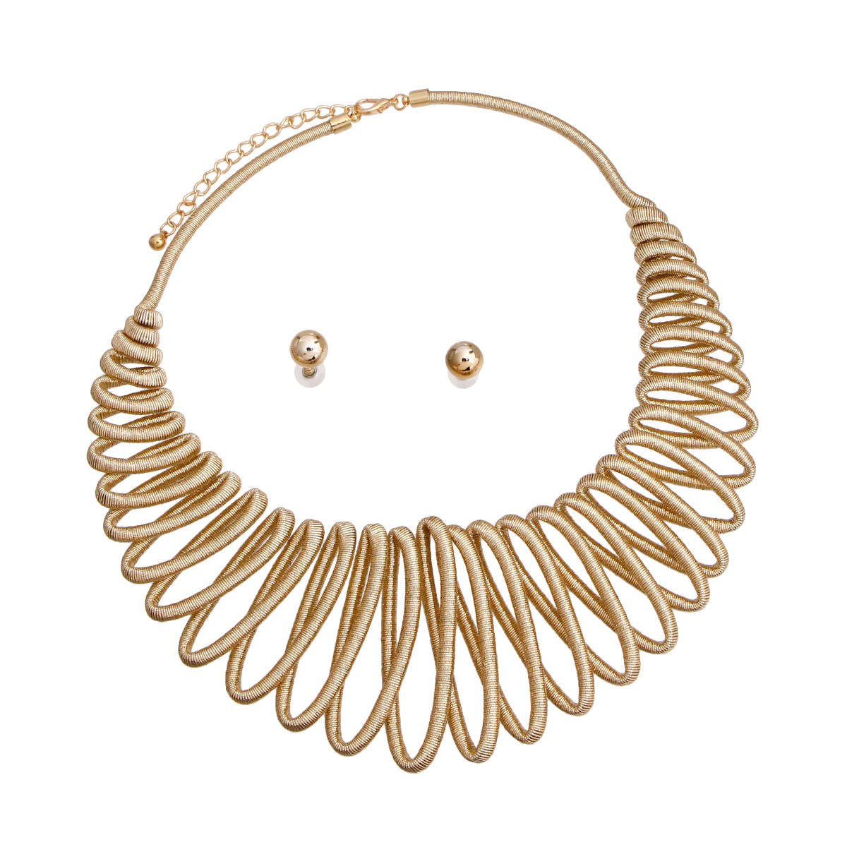 Gold Metallic Rope Cord Necklace Set Featuring Graduated Loop Collar Bib Detail. Necklace measures 3 inches wide