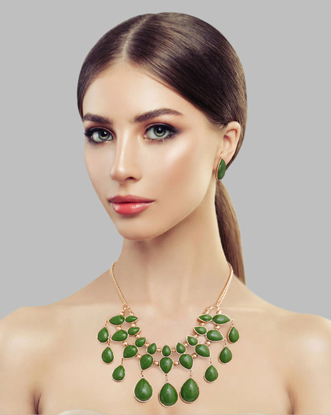  Green bead necklace set featuring vibrant green beads and intricate detailing, complemented by matching earrings for a stylish and timeless look.