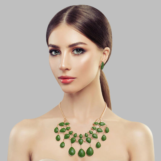  Green bead necklace set featuring vibrant green beads and intricate detailing, complemented by matching earrings for a stylish and timeless look.