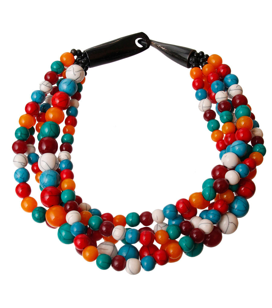 Layered Cracked Multi Color Ball Bead Multi Strand Necklace Featuring Natural Buffalo Horn Hook Closure. Handcrafted. Fair Trade. Exclusive.