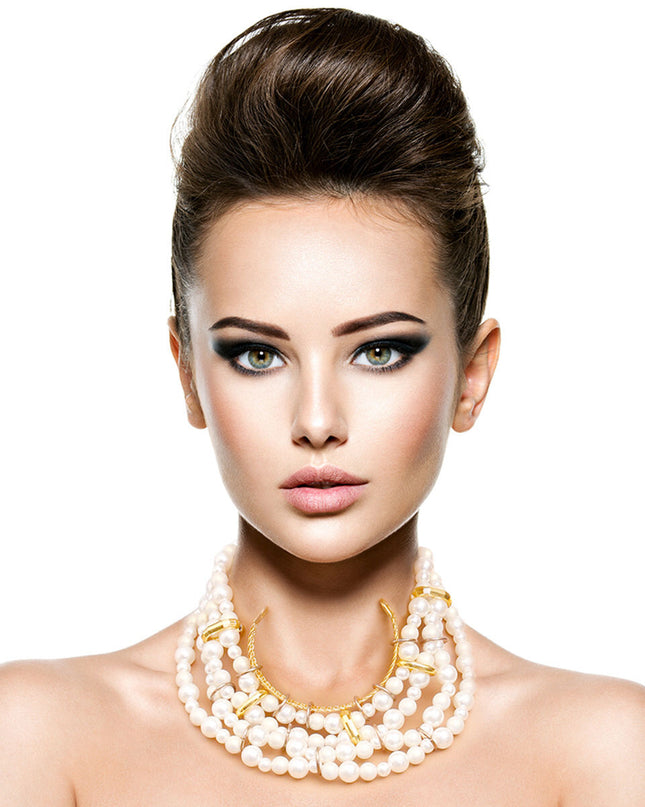 Gold and Cream Pearl Layered Choker Necklace Set Featuring Gold Metal Detailing. 2 inches wide