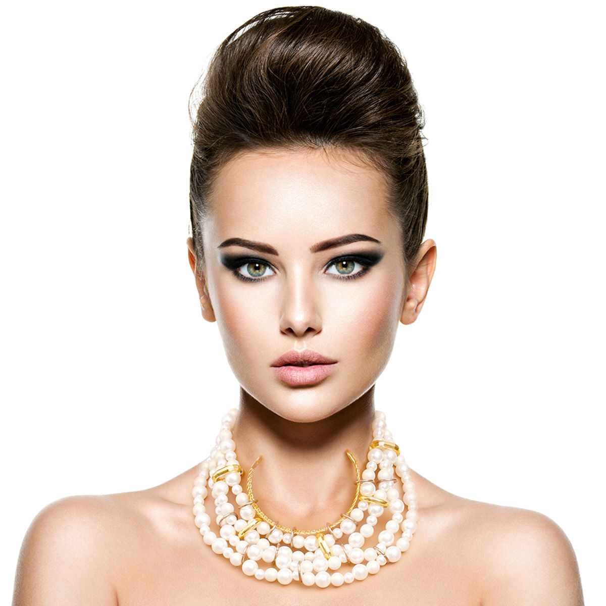 Gold and Cream Pearl Layered Choker Necklace Set Featuring Gold Metal Detailing. 2 inches wide