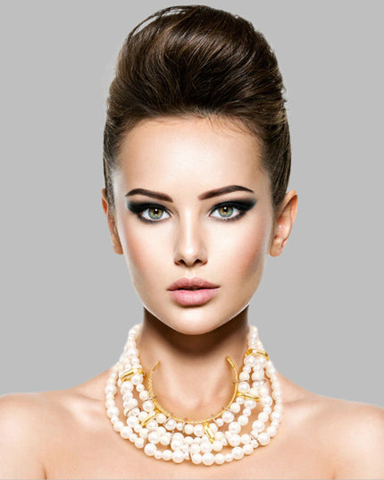 Gold and Cream Pearl Layered Choker Necklace Set Featuring Gold Metal Detailing. 2 inches wide.